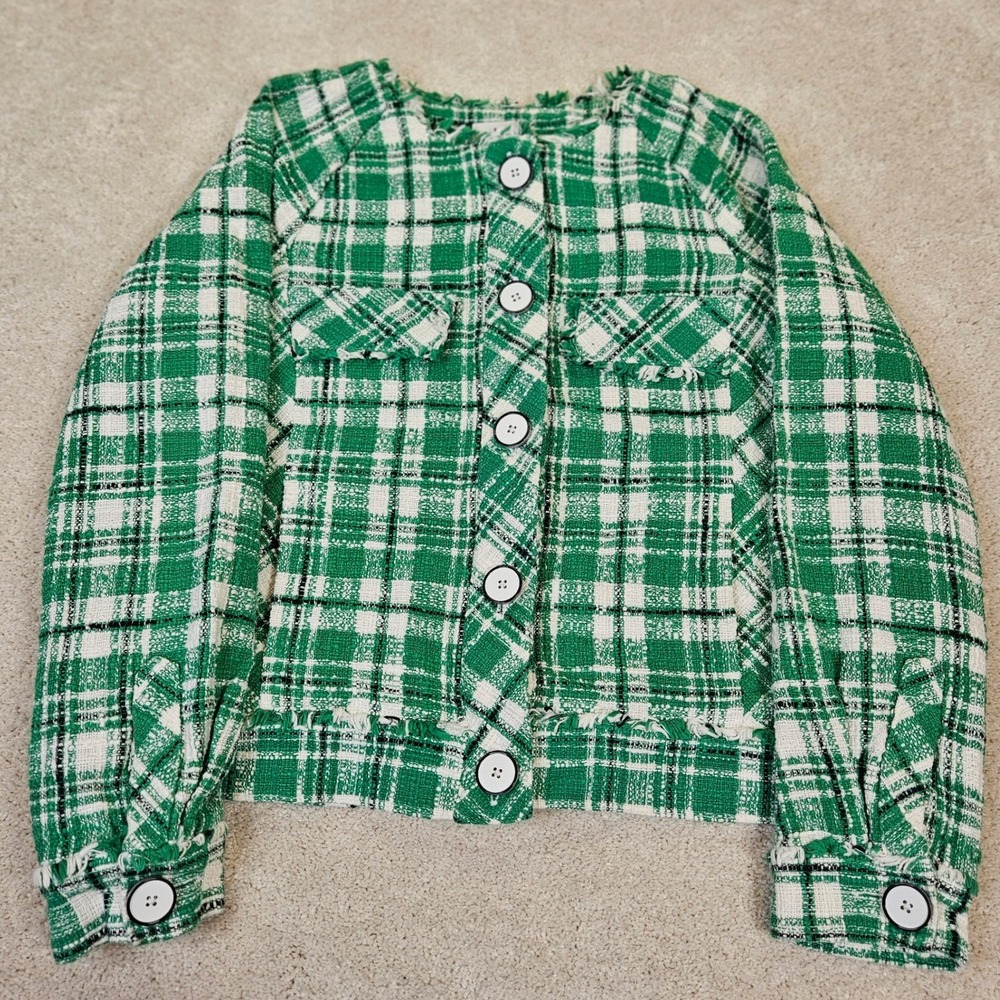 Cabi Green Plaid Parisian‎ Tweed Chic Blazer Fringe Trim M Old Money Prep Luxury